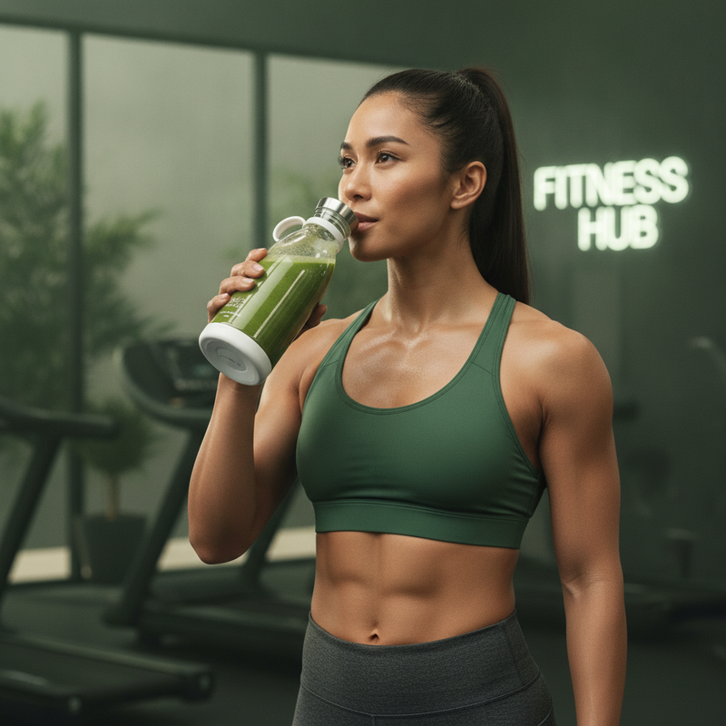 An athletic person drinks from a BlendPro Premium Shaker Bottle in a modern gym.