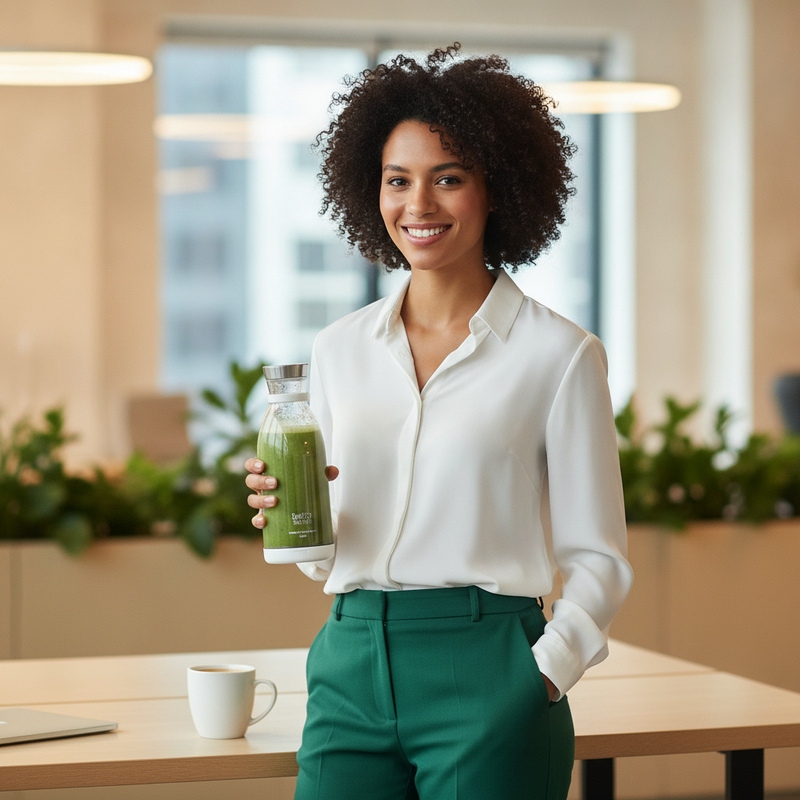 A professional in a modern office holds a BlendPro Premium Shaker Bottle on their desk.