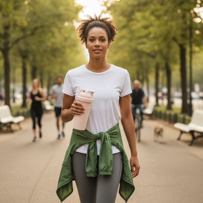 A diverse person walks outdoors, holding a durable BlendPro Premium Shaker Bottle. The bottle appears impact-proof.