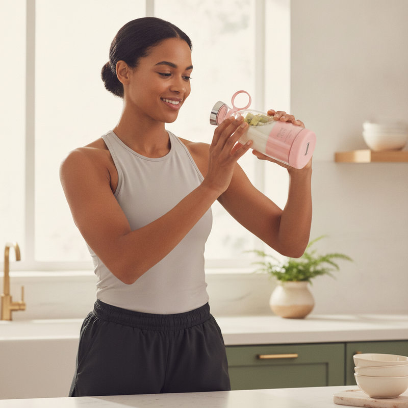 A person with a fit physique, mid-action, effortlessly mixing a smoothie in the BlendPro Premium Shaker Bottle in a bright, a