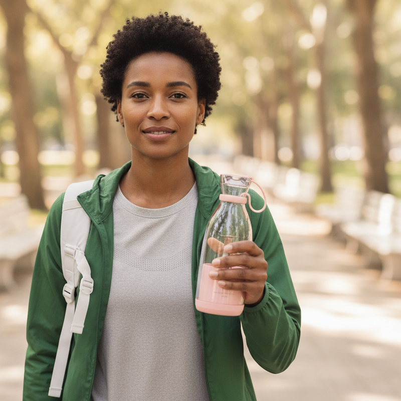 A person holds a BlendPro Premium Shaker Bottle while walking through a city park. The bottle is prominent, showing its sleek