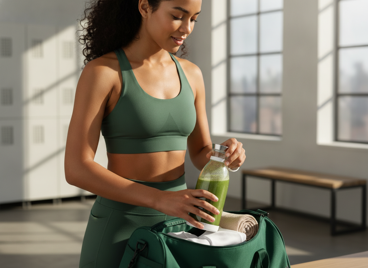 A person places a BlendPro Premium Shaker Bottle into a gym bag, highlighting its leak-proof design among clean workout cloth